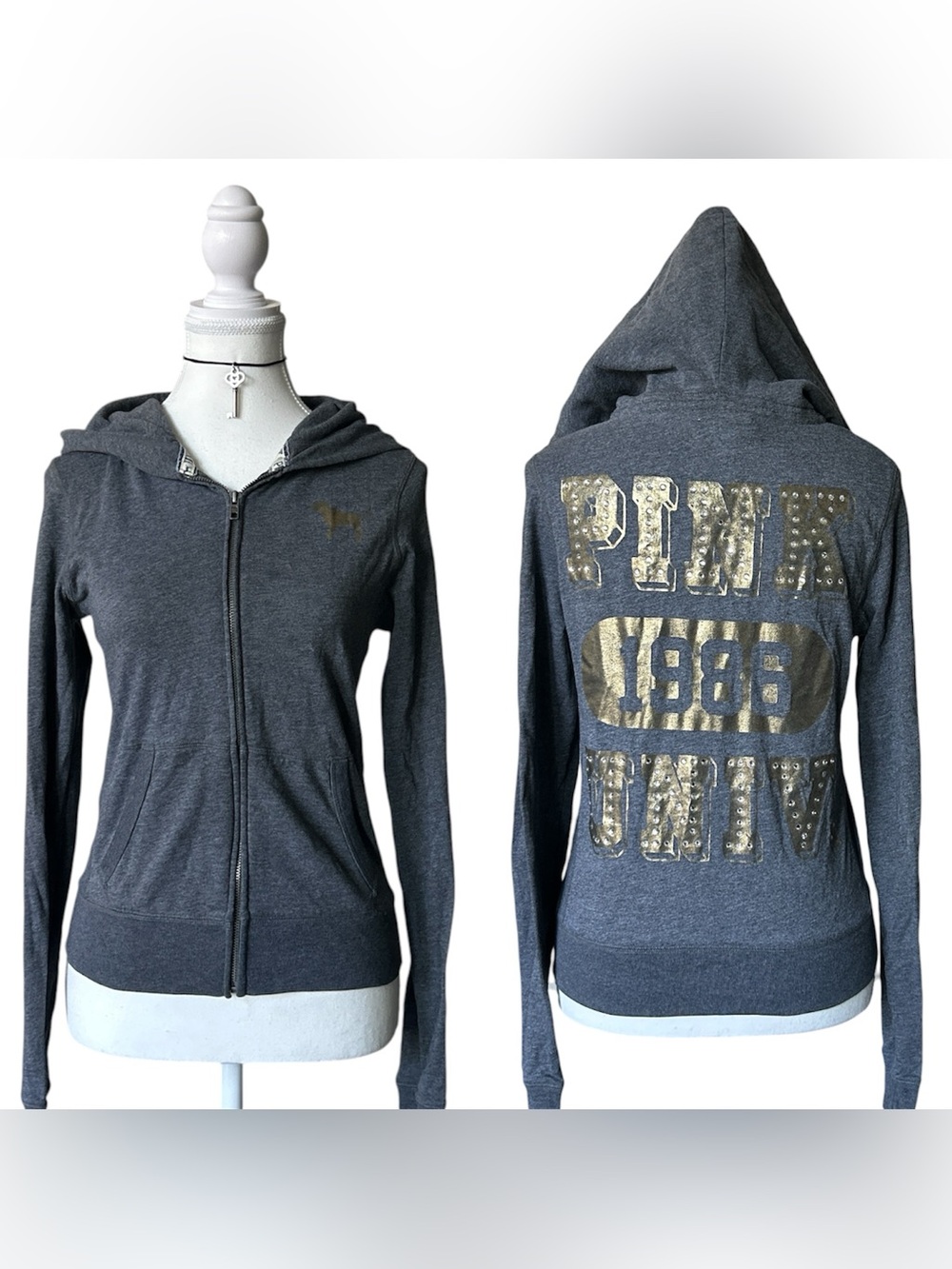 Y2K “PINK by Victorias Secret” Gray and Gold Graphic Zip-up Hoodie